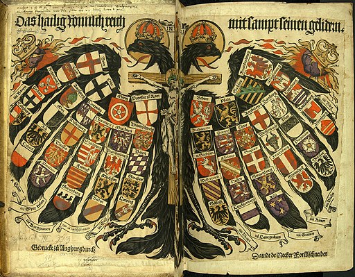 Stilisierte Gliederung des Heiligen Römischen Reiches um 1510, erklärt in Wappen.